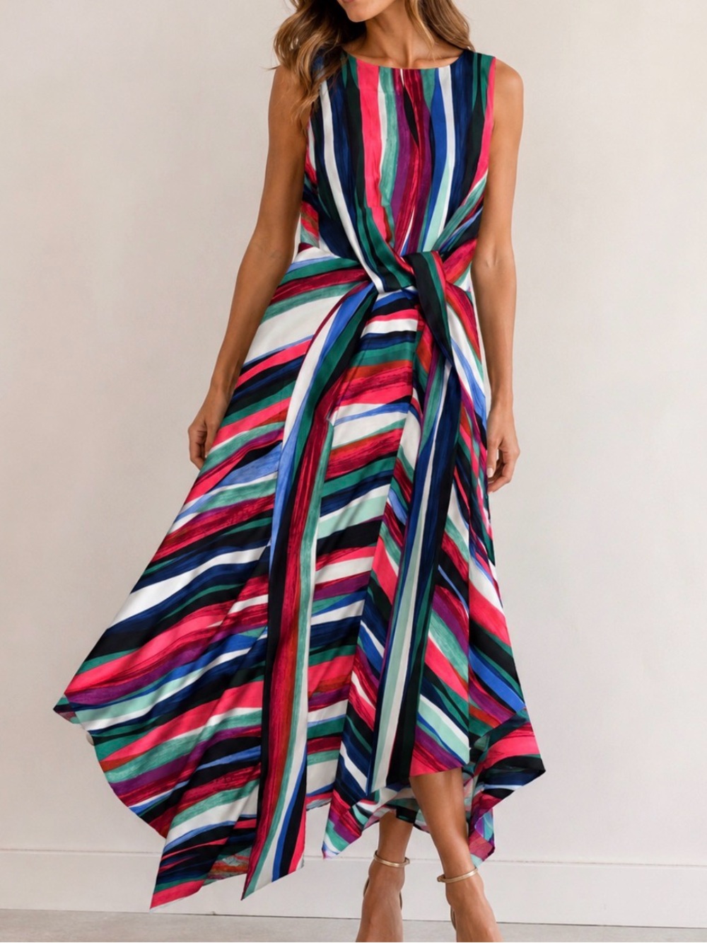 Donna Karen Multi-Color Striped Sleeveless Midi Dress shark hem satin SZ 8